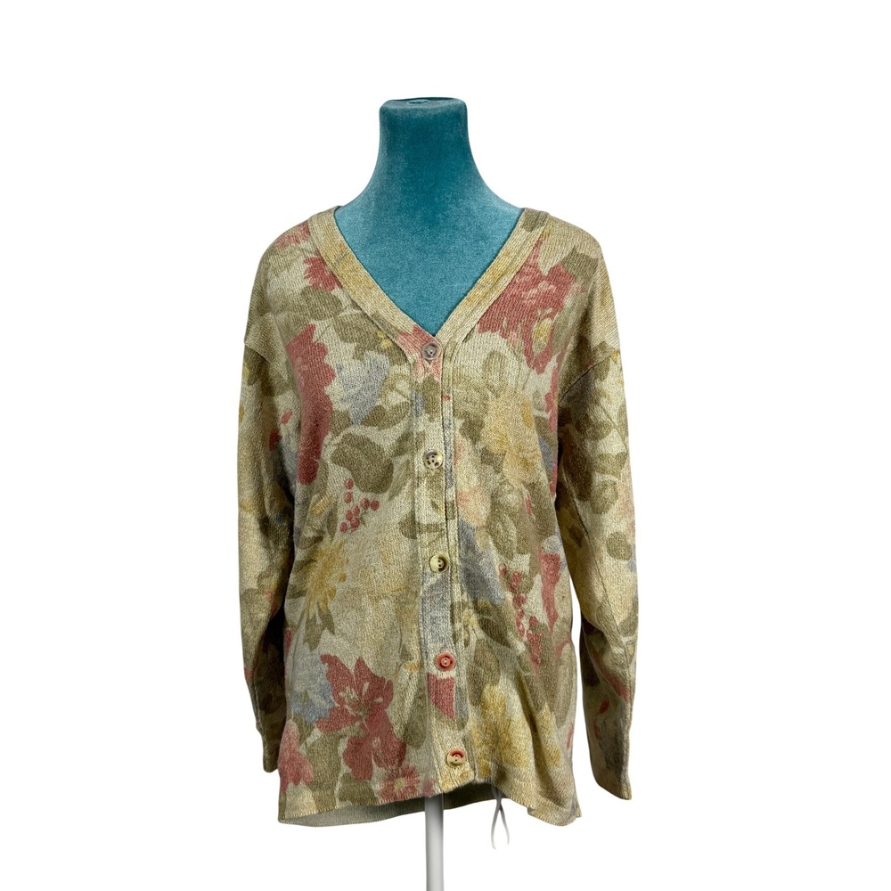 Gabriella T. Vintage Cottagecore Women Cardigan Sweater Tan Cotton Linen Blend
